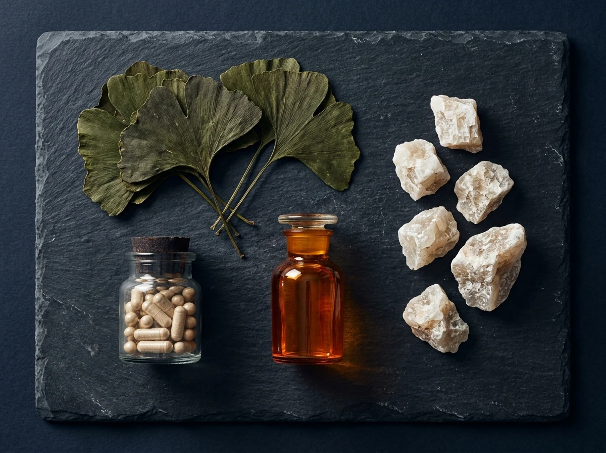 Naturlige ingredienser: ginkgo biloba blade, zink, magnesium og urter på mørk overflade