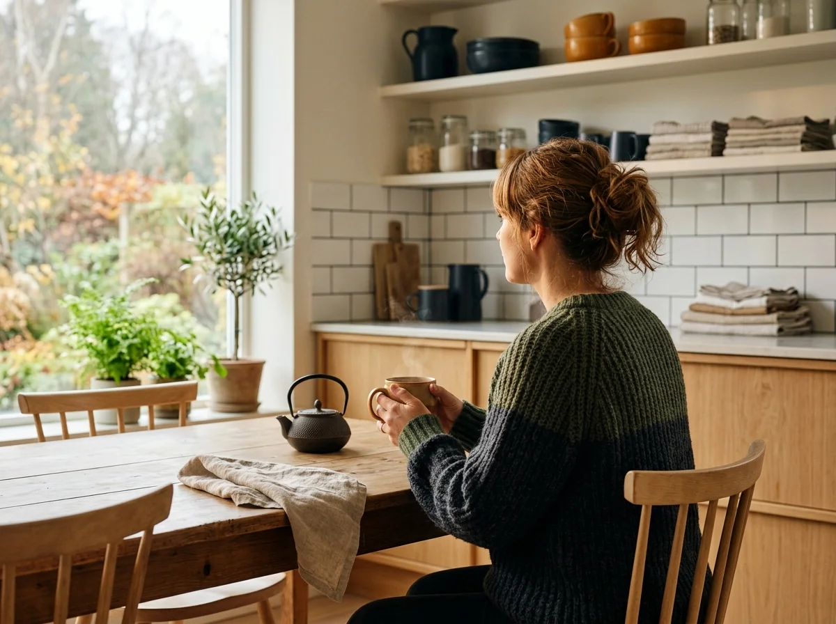 Person ved lyst vindue med te - rolig morgenrutine